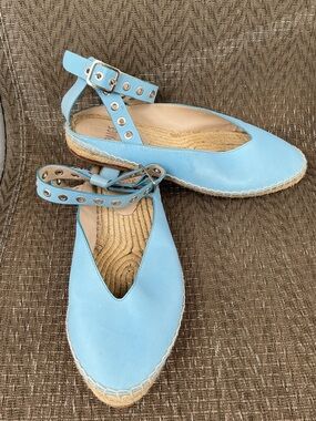 Paige Sky Blue Leather COPA Espadrille Flats with Ankle Strap